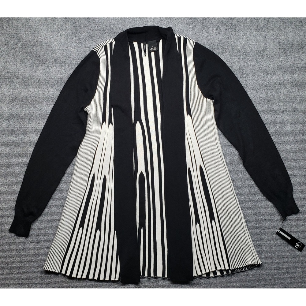 New Directions Sweater Womens S Black White Striped Knit Cardigan Open Front New
